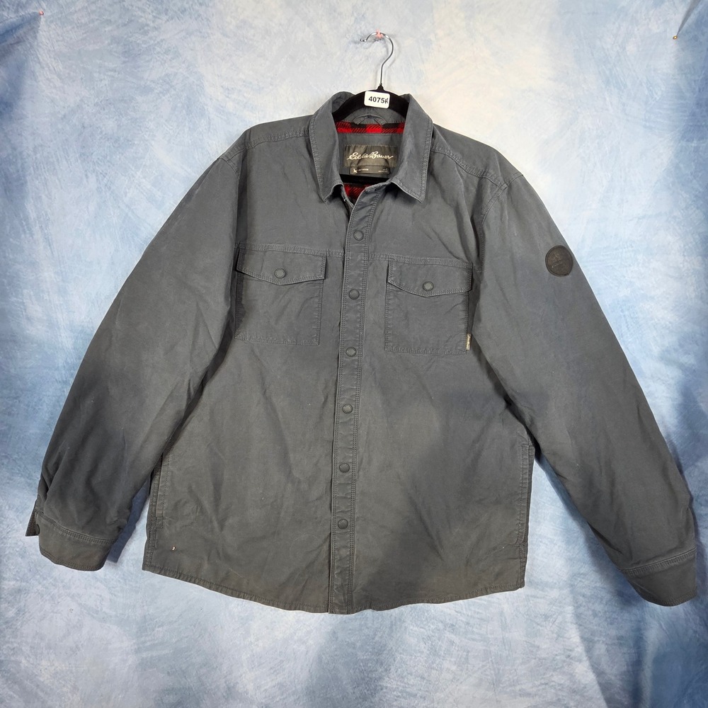 Eddie Bauer Mens L Gray Plaid Lined Canvas Snap Front Shirt Jacket Outdoor